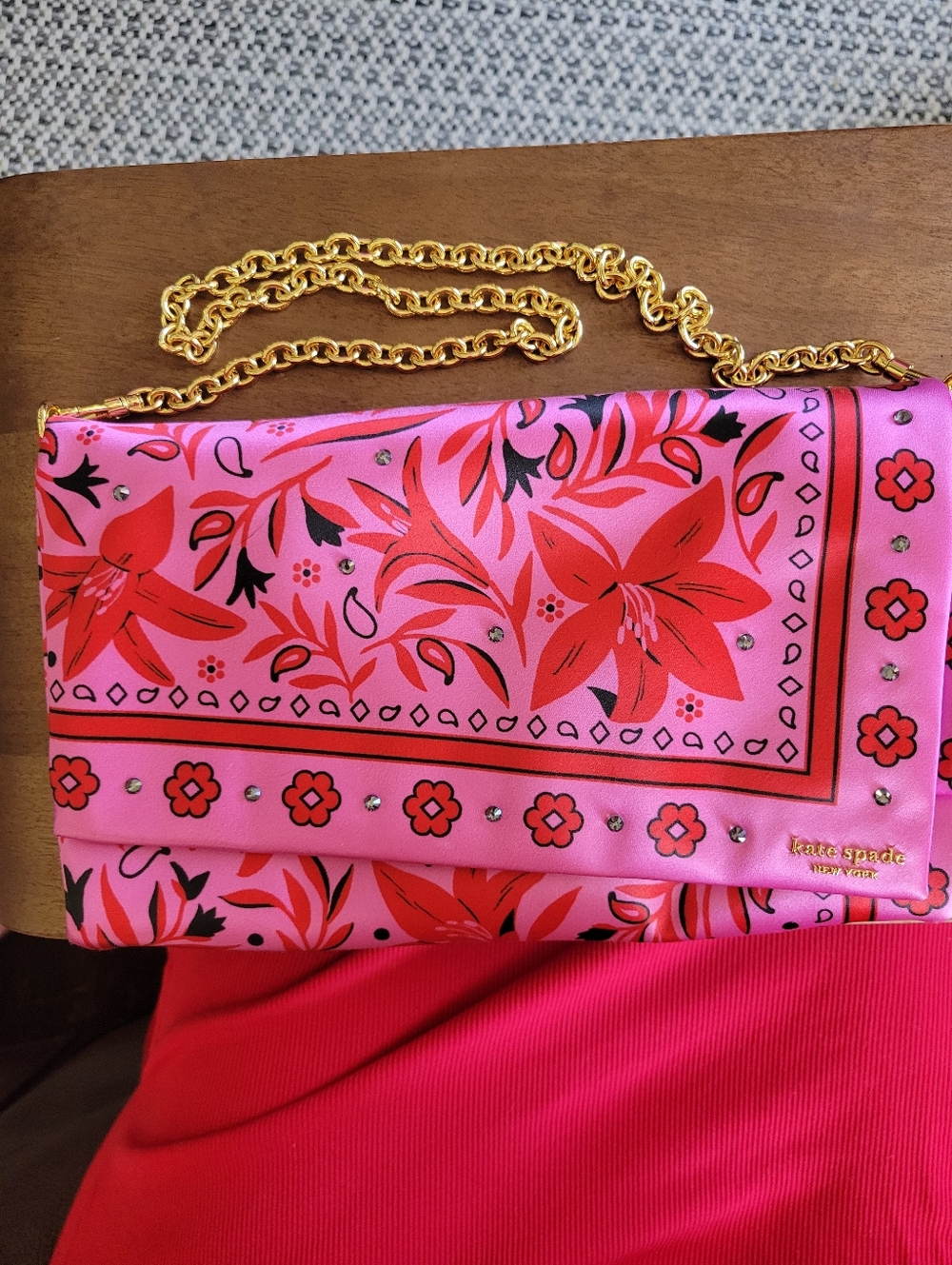 kate spade Pink & Red Floral Silk-Print Chain Clutch. Brand New!